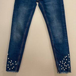 Pearl Embellished, Washed Skinny Ankle Jeans